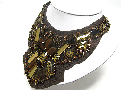 Facet glass deco chiffon ribbon backing long bib style necklace
