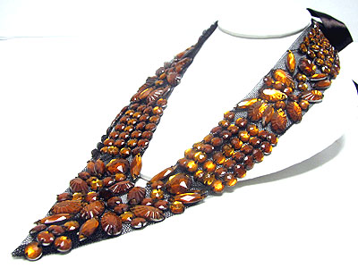 Facet glassdeco chiffon ribbon backing long bib style necklace