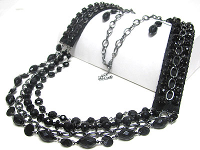 Multi strand facet glass beads and metal chain on fabric back long necklace set
