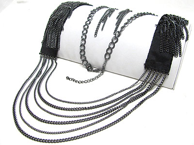 Multi strand metal chain on fabric back extra long necklace set