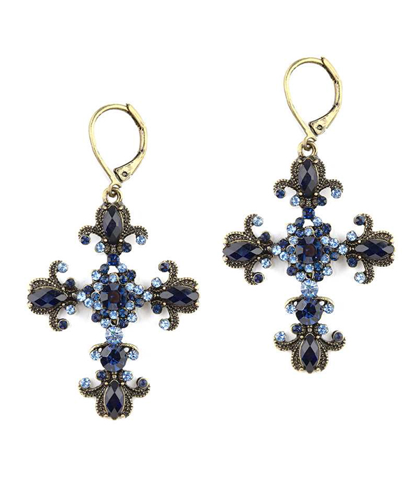 Glass and crystal mix cross french clip earring
