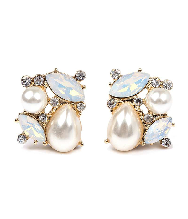 Geometric shape pearl and crystal earring