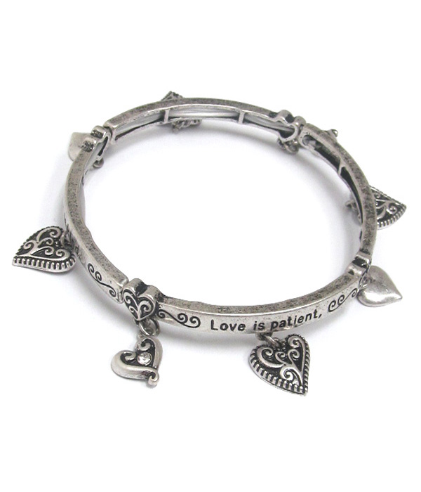 Metal filigree heart charm message stretch bracelet