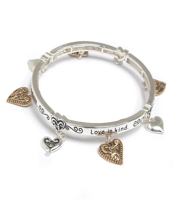 Metal filigree heart charm message stretch bracelet