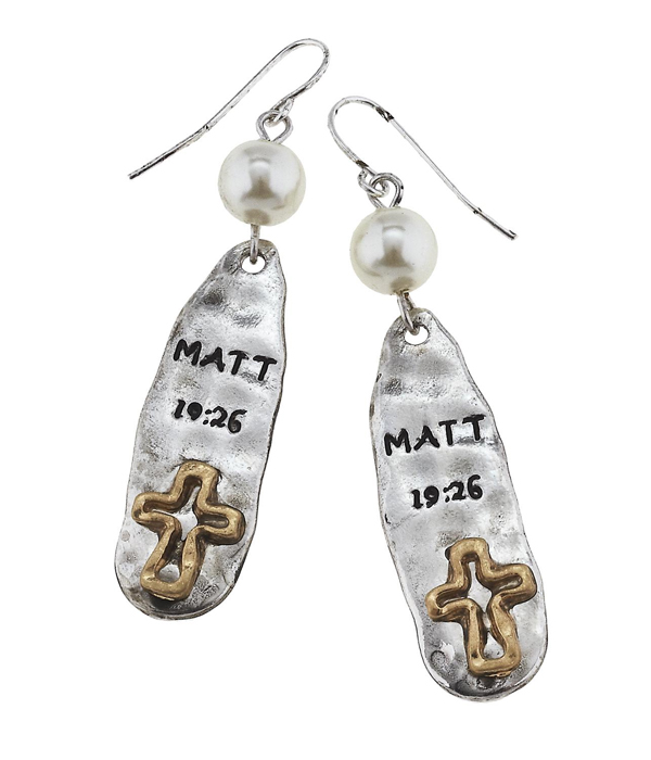 Handmade scripture cross earring - matt 19:26