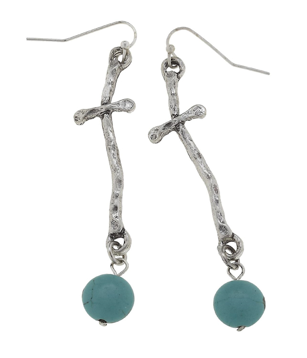 Handmade cross and turquoise drop earring