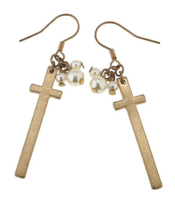 Pearl and long cross earring
