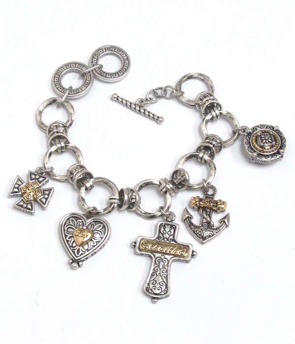 Designer pattern multi cross and anchor charm toggle bracelet