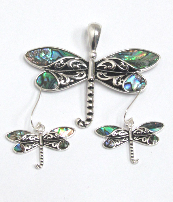 Metal filigree and abalone dragonfly pendant and earring set