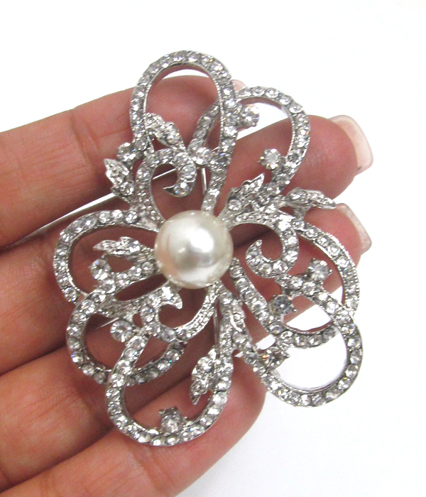 Rhinestone and pearl center flower brooch or pin