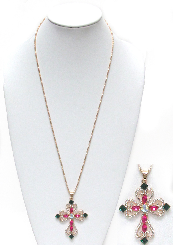 Crystal cross long necklace