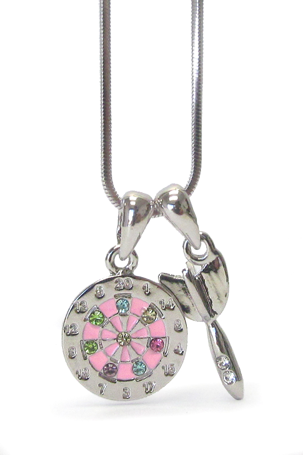 Made in korea whitegold plating crystal and epoxy art dart theme dual pendant neckalce