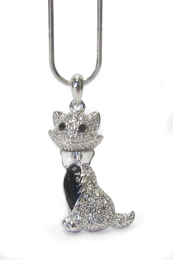 WHITEGOLD PLATING CRYSTAL CAT PENDANT NECKLACE