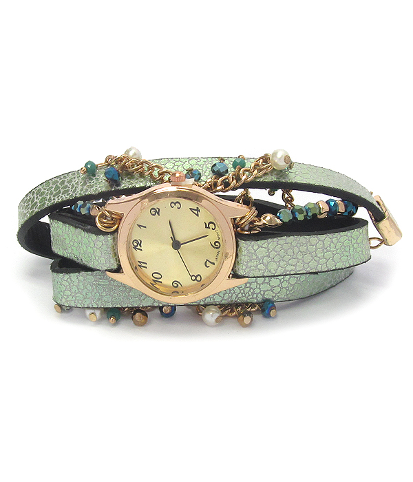 Snake skin band and bead chain mix wrap watch