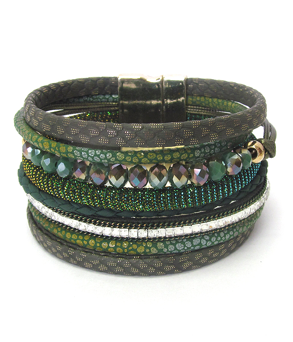 MULTI LAYER LEATHER AND GLASS BEAD MIX MAGNETIC BRACELET