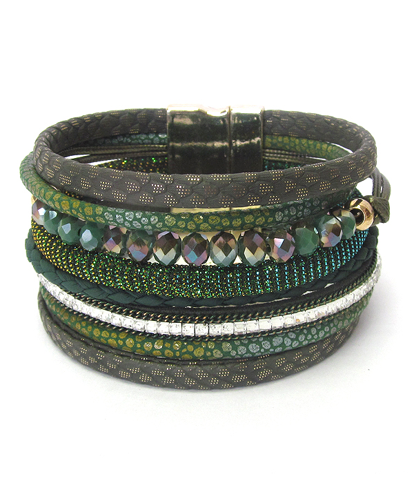Multi layer leather and glass bead mix magnetic bracelet