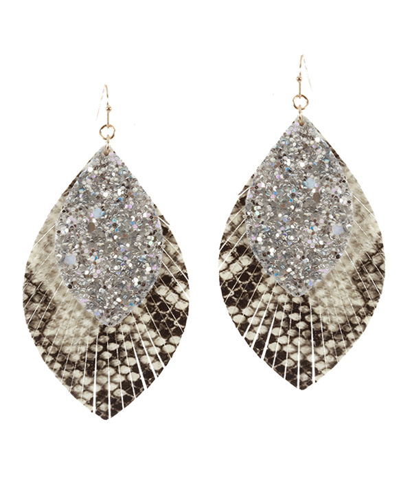 FAUX LEATHER GLITTER DOUBLE LAYER FRINGE EARRING