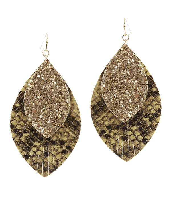 FAUX LEATHER GLITTER DOUBLE LAYER FRINGE EARRING