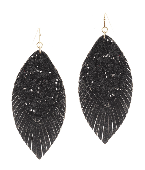 FAUX LEATHER GLITTER DOUBLE LAYER FRINGE EARRING