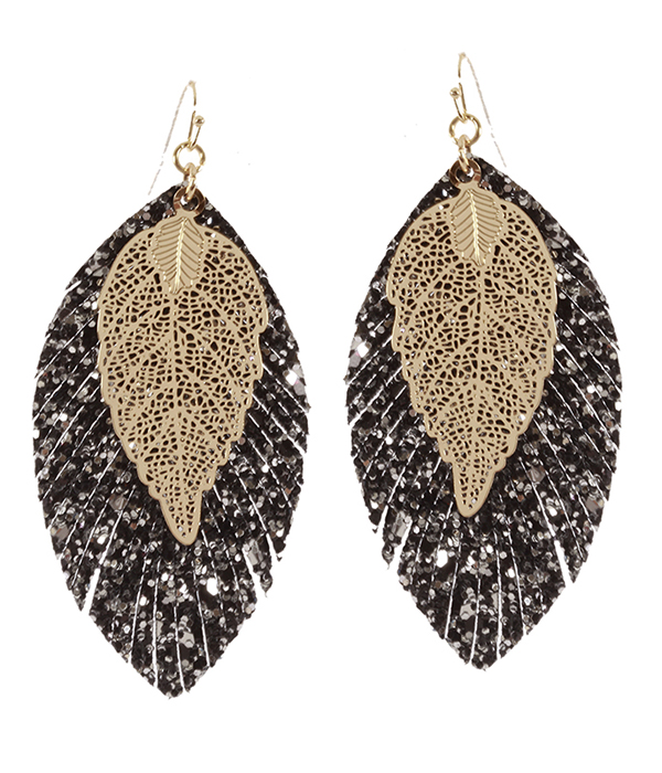 FAUX LEATHER FRINGE AND METAL FILIGREE DOUBLE LAYER EARRING