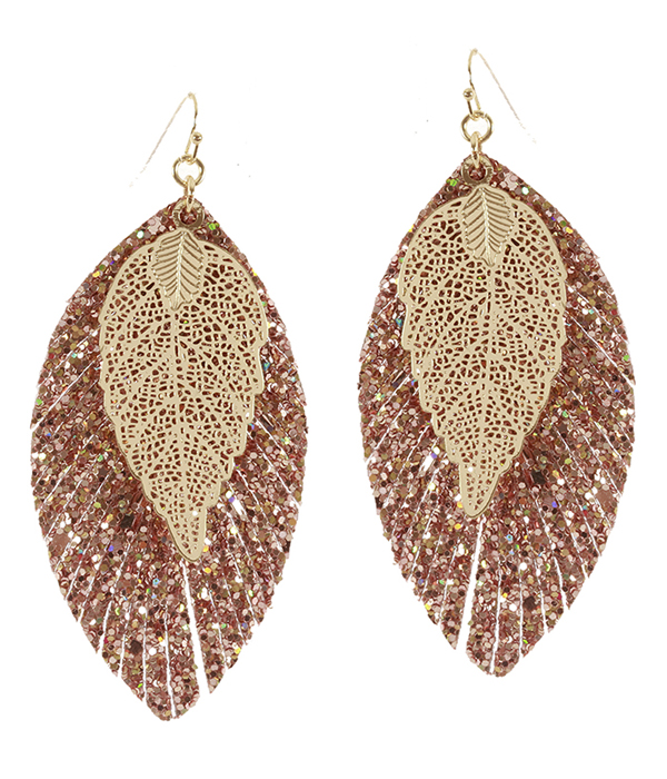 FAUX LEATHER FRINGE AND METAL FILIGREE DOUBLE LAYER EARRING