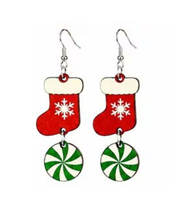 Christmas theme wood earring - stocking
