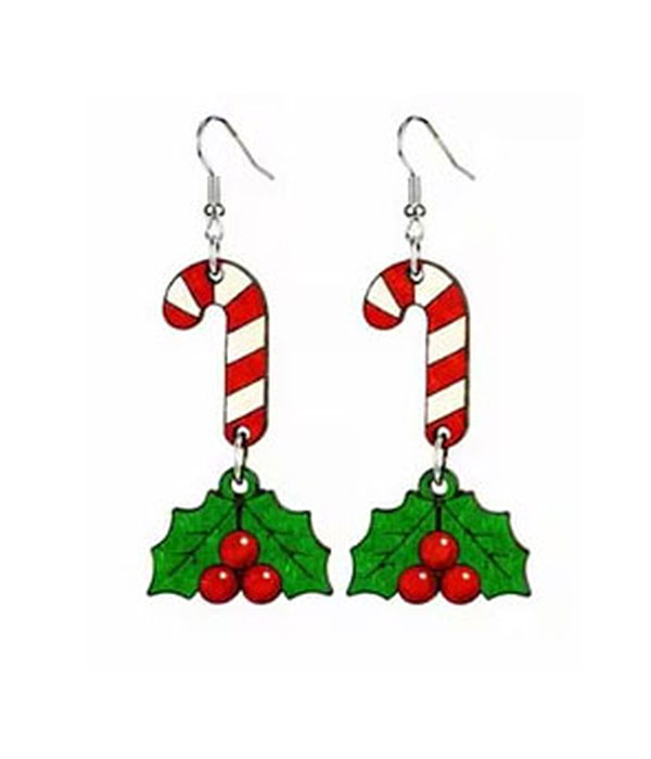 Christmas theme wood earring - candy cane