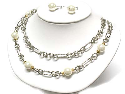 Pearl beads link double chain necklace and earring