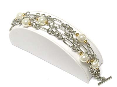Pearl beads link triple chain toggle bracelet