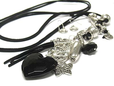 Facet cut heart glass stone and multi long charms double suede cord necklace and earring set 
