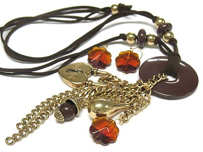 European multu charm and chain tassel drop suede cord necklace and earring set 