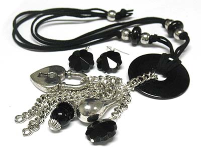European multu charm and chain tassel drop suede cord necklace and earring set 