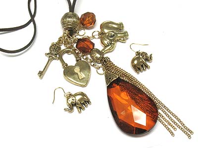 European facet tear drop multi charm and tassel suede cord necklace and earring set