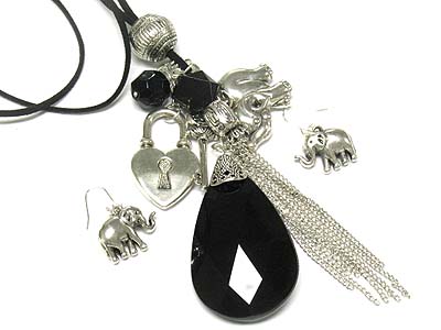 European facet tear drop multi charm and tassel suede cord necklace and earring set