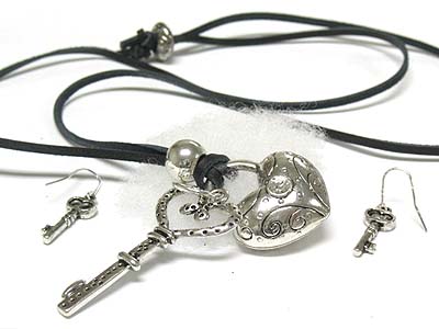 Crystal stud filigree puffy heart and key charm suede cord necklace and earring set