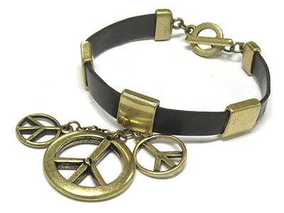Burnish metal peace charm and genuine leather bracelet