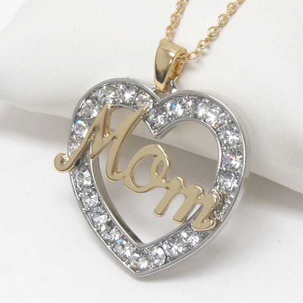 Crystal deco heart mom pendant necklace