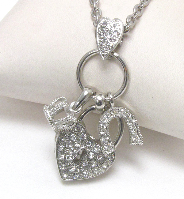 Premier electro plating crystal heart lock and horse shoe and crown pendant necklace