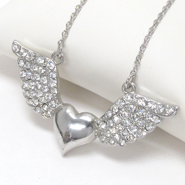 Premier electro plating crsytal deco heart and angel wing pendant necklace