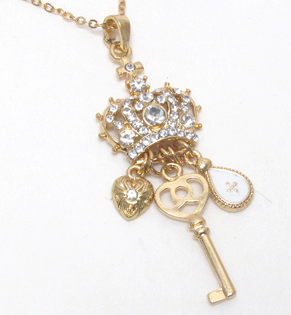 Premier electro plating crystal crown and key drop pendant necklace