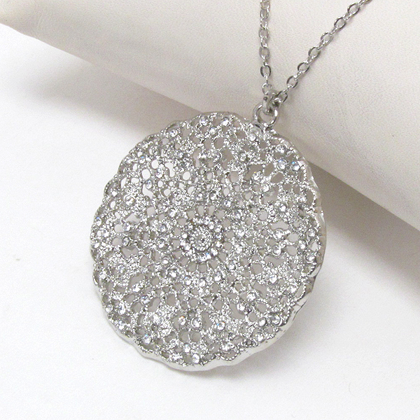 Premier electro plating crystal deco metal filigree disk pendant necklace