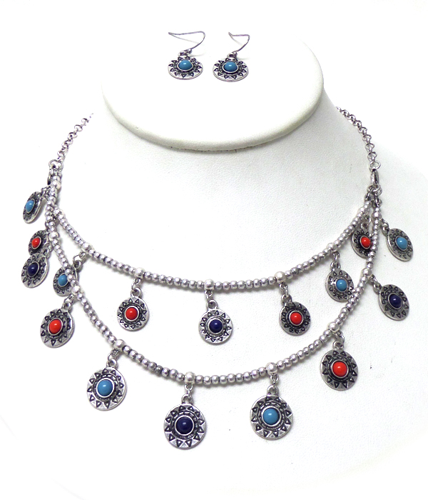 Textured metal with stones two layer necklace set