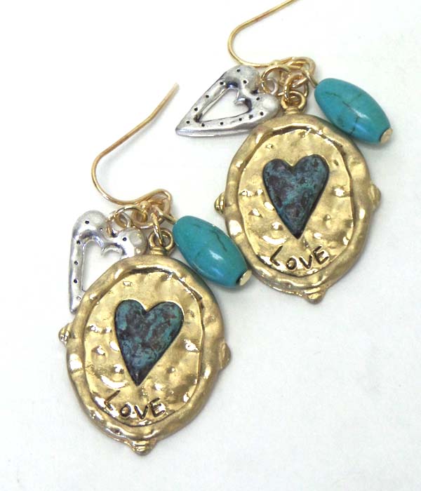 Texture metal heart with charm hook earrings