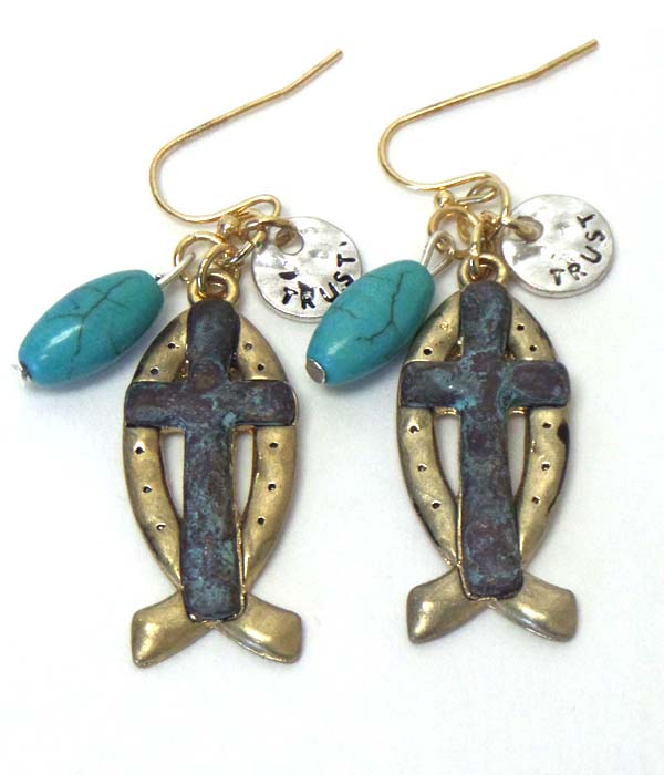 Rustic cross charm hook earrings