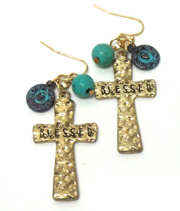 Texture metal blessed theme charm hook earrings
