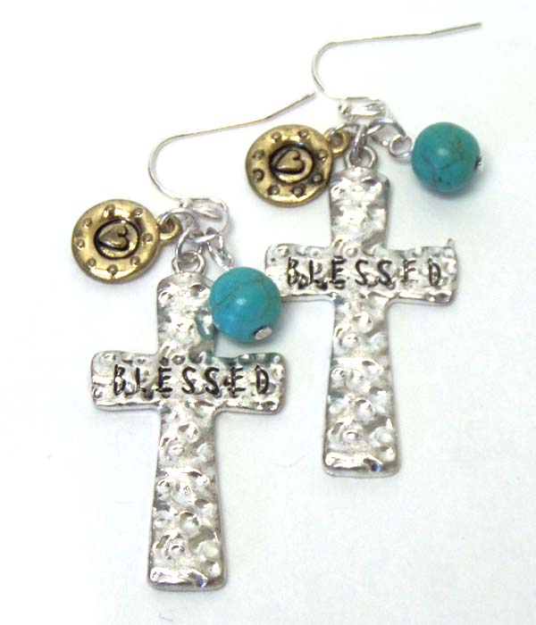 Texture metal blessed theme charm hook earrings