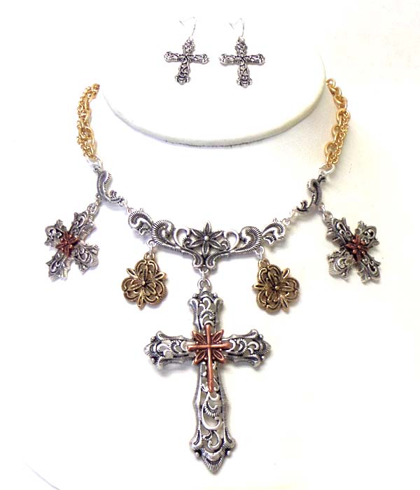 Filigree cut design cross theme necklace set