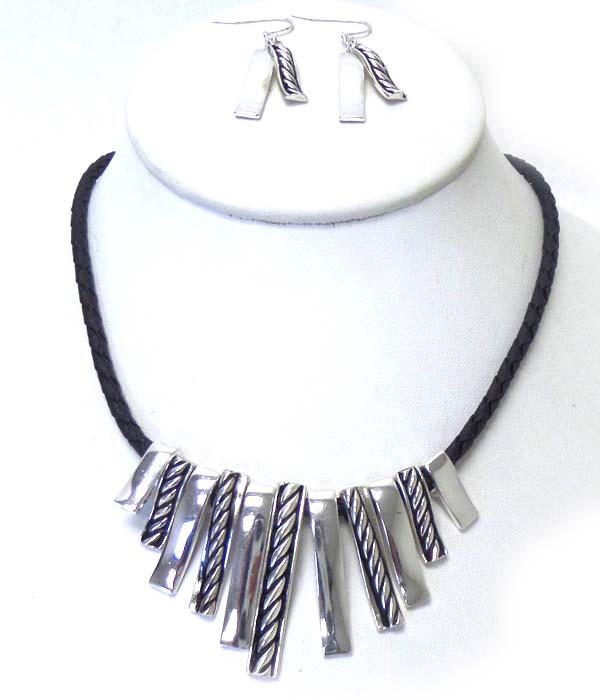 Multi metal tribal design with braided cord necklace set 