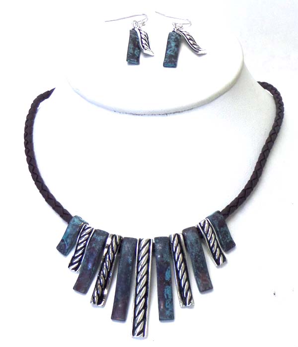 Multi metal tribal design with braided cord necklace set 