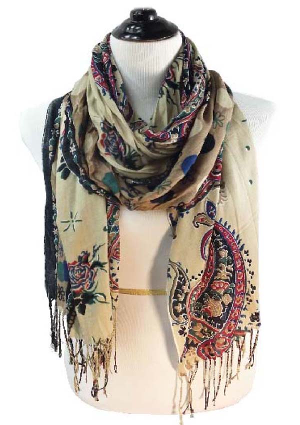 Paisley pattern viscose fringe drop scarf